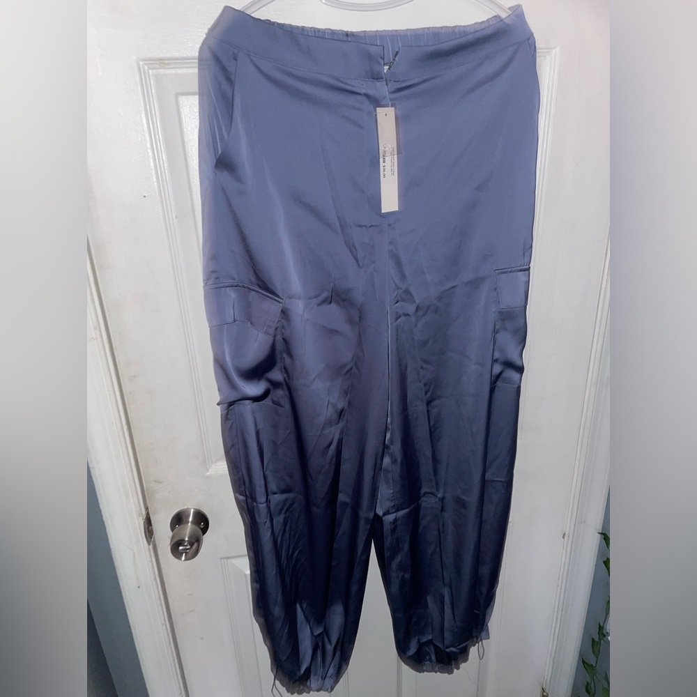 High Waisted Blue Satin Pants